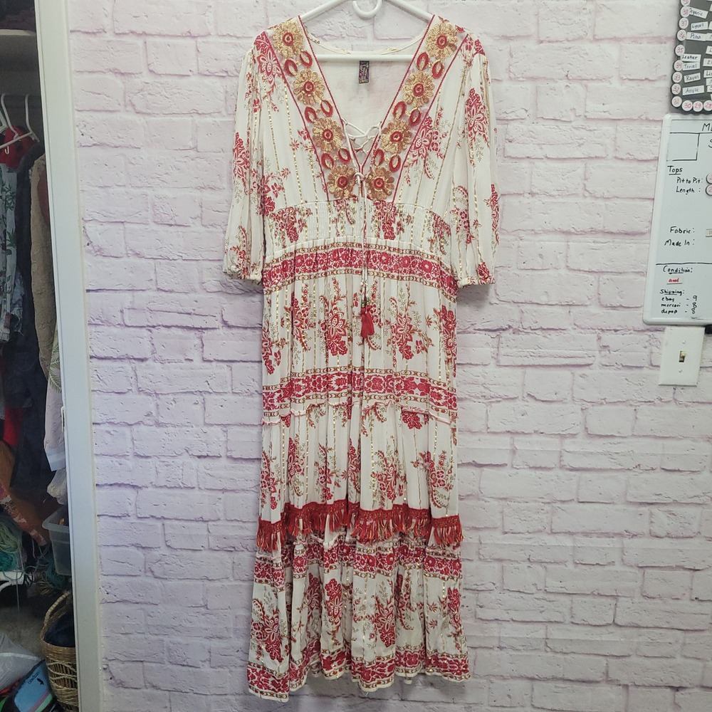 Me 2 Magic Boho Floral Tiered Maxi Dress 2X Lace Up Fringe Cottagecore Prairie